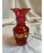 Vintage Cranberry Ruffled Edge Vase With Gold Diasies 6.5” - £9.51 GBP