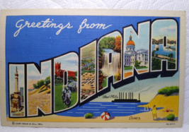 Greetings From Indiana Large Letter Postcard Linen Curt Teich Boat Steel Mills - £7.81 GBP