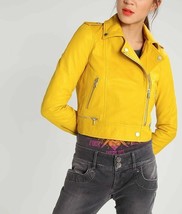 Stylish Yellow Women&#39;s Genuine Lambskin Leather Jacket Handmade Biker Mo... - $107.30