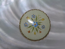 Vintage Small Light Green with Yellow &amp; Blue Flowers Painted Circle in Goldtone - £6.86 GBP