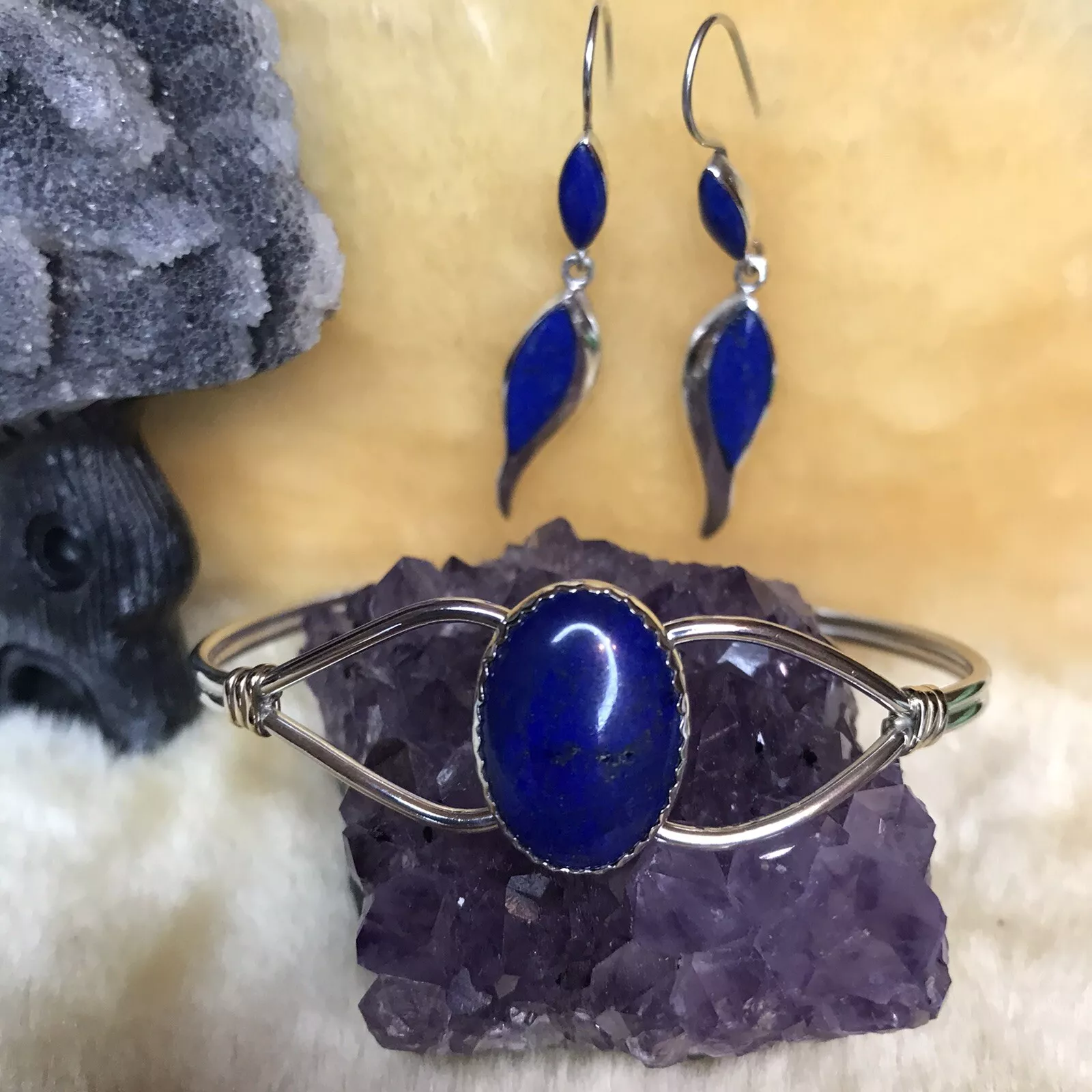 925 Sterling Lapis Lazuli Cuff Bracelet &amp; Dangle Earrings - 12.65g Bundl... - $185.20 CAD