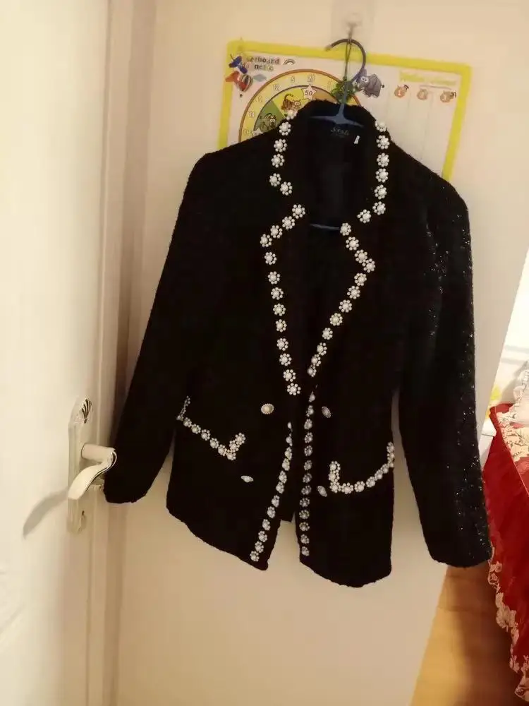 Omen elegant tweed suit pearl blazer jacket coat top and gauze mesh skirt two piece set thumb200