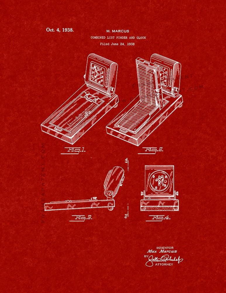 Combined List Finder And Clock Patent Print - Burgundy Red