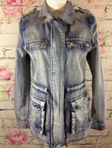 Shasa Womens Denim Jacket Size M Acid Wash Tabbed Sleeves Zipper Lagenlo... - £15.37 GBP