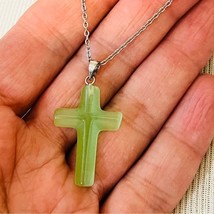 Mint Green Cats Eye Stone Cross Stainless Steel Necklace Hand Carved - £13.53 GBP