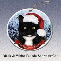 Holiday Pet Gift Tuxedo Shorthair Cat Santa Porcelain Christmas Tree Ornament - £24.20 GBP