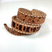 Vintage Brown Leather Hand Tooled Belt with Name HUGH 2” Wide x 43.5” Long - £11.17 GBP