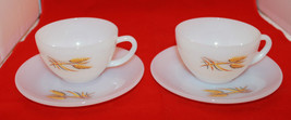 Anchor Hocking Fire King Golden 2 Wheat Coffee Tea Cups Saucers Set Milk Glass - £31.96 GBP