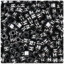 BeadTin Black Opaque 6mm Cube Plastic Alphabet Beads-White Letter H (80pcs) - $2.09
