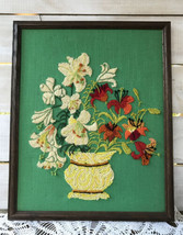 Vtg Framed Completed Floral Lily Needlepoint Sampler 17 3/4&quot; X 21 3/4&quot; Grn Sgned - £58.92 GBP