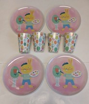 Easter Melamine Artist Bunny Dinner 10&quot; Plates Egg Toss Print Cups Set of 4 - £22.29 GBP