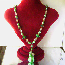 Vintage Huge Green Pearl Necklace, Murano Aventurine Bead Rhinestone Lavaliere - £30.81 GBP