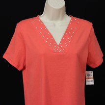 Karen Scott Women&#39;s Studded V-Neck Shirt S Small Peony Coral Short Sleeve NEW - £17.10 GBP