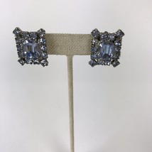 Blue Rhinestone Earrings Vtg Clip Bridal Bling glam statement Square Mod - £15.52 GBP