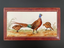 Antique Italian Leather Trinket Box w/ Handpainted Pheasants Tile Top Signed - £113.42 GBP