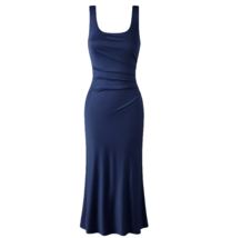 OGL Navy Square Neck Naia Acetate Silky Shirred Fitted Midi Dress Size L... - $39.99