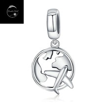 Genuine Sterling Silver 925 World &amp; Plane Travel Holiday Gap Year Dangle Charm - £14.98 GBP