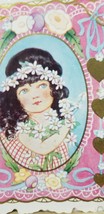 Vtg VALENTINES CARDS Die Cut CUTE FLOWER GIRL Unused GOLD HEARTS Whitney A1 - £10.26 GBP