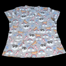 Butter Soft Sz Large Gray Cat Unicorn Catacorn Rainbow Scrub Shirt Top N... - £15.94 GBP