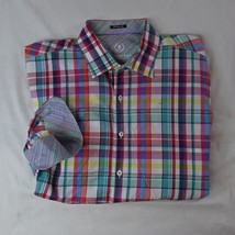 BUGATCHI XL Classic Fit Rainbow Plaid Check Flip Cuff Camp Dress Shirt - £23.43 GBP