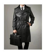 Gabardina de cuero de cordero original hecha a mano negra elegante moda ... - $165.68+