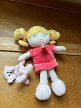 Small Jolijou Peachy Pink Plush Little Blond Haired Girl w Pig Tails and Holding - £10.29 GBP
