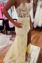 Yellow Floral Lace Backless Mermaid Long Prom Gown with Slit - £135.92 GBP