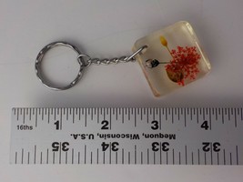 BOTANICAL KEYCHAIN YELLOW BLACK RED FLOWERS SHELLS CLEAR SQUARE PLASTIC ... - £7.82 GBP