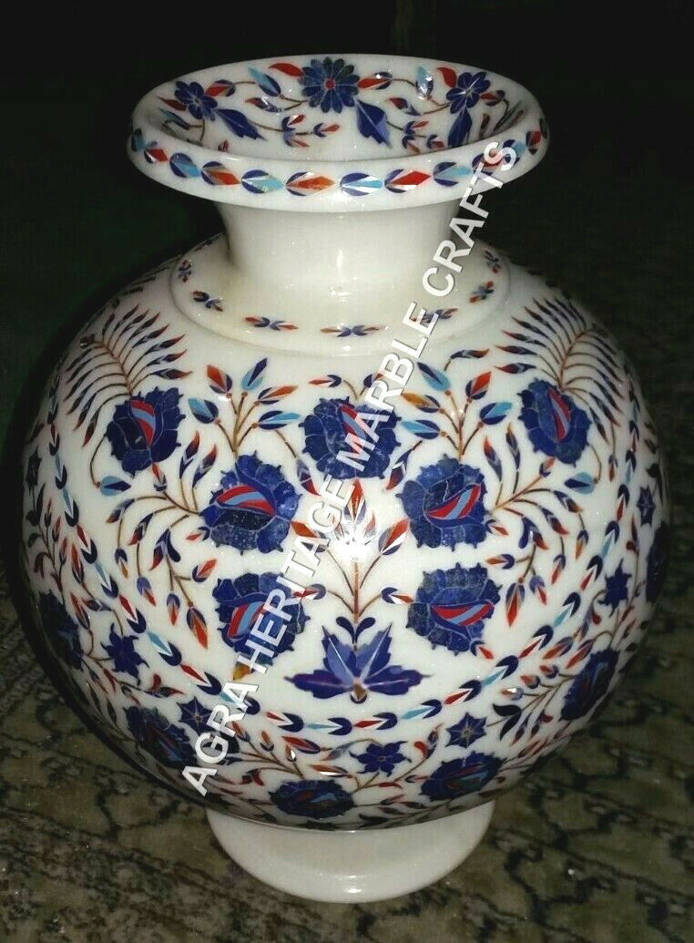 Primary image for 16" White Marble Flower Center Pot Lapis Lazuli Inlay Floral Hallway Decor H3468