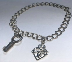 Sweet 16 Heart &amp; Key Charm Bracelet Sterling Silver .925 - £22.50 GBP