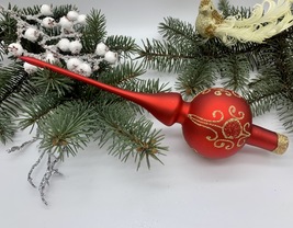 Red Christmas glass tree topper with gold glitter, vintage XMAS finial - $28.88