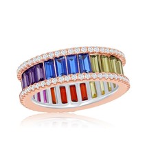 Sterling Silver Rainbow Baguette CZ Band Ring - Rose Gold Plated - £78.97 GBP