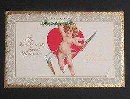 Tucks My Dearest Wish Cupid w/ Knife Gold Embossed Valentines Day Postcard 1910 - £6.38 GBP