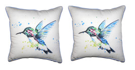 Pair Of Betsy Drake Green Hummingbird Small Outdoor Indoor Pillows 12 X 12 - £71.21 GBP