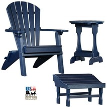 3pc 4 Season Adirondack Set - Navy Blue Folding Chair Ottoman &amp; Candy Table Usa - £652.14 GBP