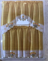 Alaska Tulips Flowers Yellow Embroidered Decorative Kitchen Curtain 3PCS Set - £15.56 GBP
