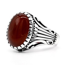 Natural Big Stone Men&#39;s Ring 925 Sterling Silver Vintage Striped Oval Red Onyx S - £52.90 GBP