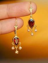 Victorian Unique Chandelier Dangling Earrings Garnet &amp; Pearl in 18K Yellow Over - £79.10 GBP