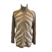 Vintage 90s Womens Medium Zebra Print Turtleneck Sweater Tan Beige Silk ... - $48.37