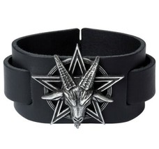 Alchemy Gothic Baphomet Black Leather Wrist Strap Bracelet Occult Deity ... - £39.46 GBP