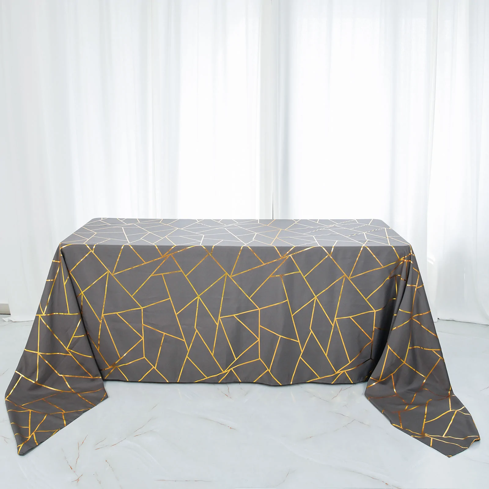 Charcoal Grey - Rectangle Polyester Tablecloth Gold Foil Geometric 90&quot;x156&quot;  - £43.17 GBP