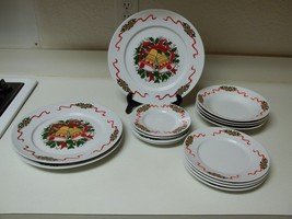 Holiday Bells &amp; Ribbons Stoneware Dish Set ~ 15 Piece Set Plates Bowls - £35.15 GBP