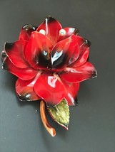 Vintage Large Dimensional Black &amp; Red Enamel Flower w Aurora Borealis Rhinestone - £15.52 GBP