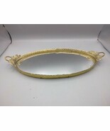 Vintage Vanity Tray Oval Mirrored Gilt Filigree Rim 18&quot; at Flower Handle... - $37.44 CAD