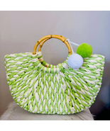Gogreenwoven Summer Woven Beach Tote Bag,  Bamboo Handle, Green/White, NEW - €21,45 EUR