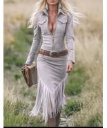 Gray Western Cowgirl Extra Long Fringe Front Pocket Zip Up Faux Suede Dress - $61.95