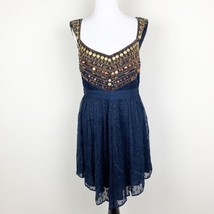 Free People Chevron Beaded Mini Dress 8 Indigo Navy Jewel Coins Open Bac... - £79.81 GBP