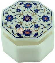 3&quot;x3&quot;x2&quot; White Top Jewelry Lidded Box Lapis Inlaid Floral Art Christmas Gift - £151.08 GBP