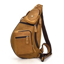 Men&#39;s vintage genuine leather chest bag Big crazy horse leather crossbody bag - £83.36 GBP