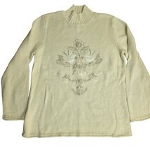 COLDWATER CREEK L Cream Rabbit Hair Mock Neck Sweater Embroidered Cottag... - $31.68